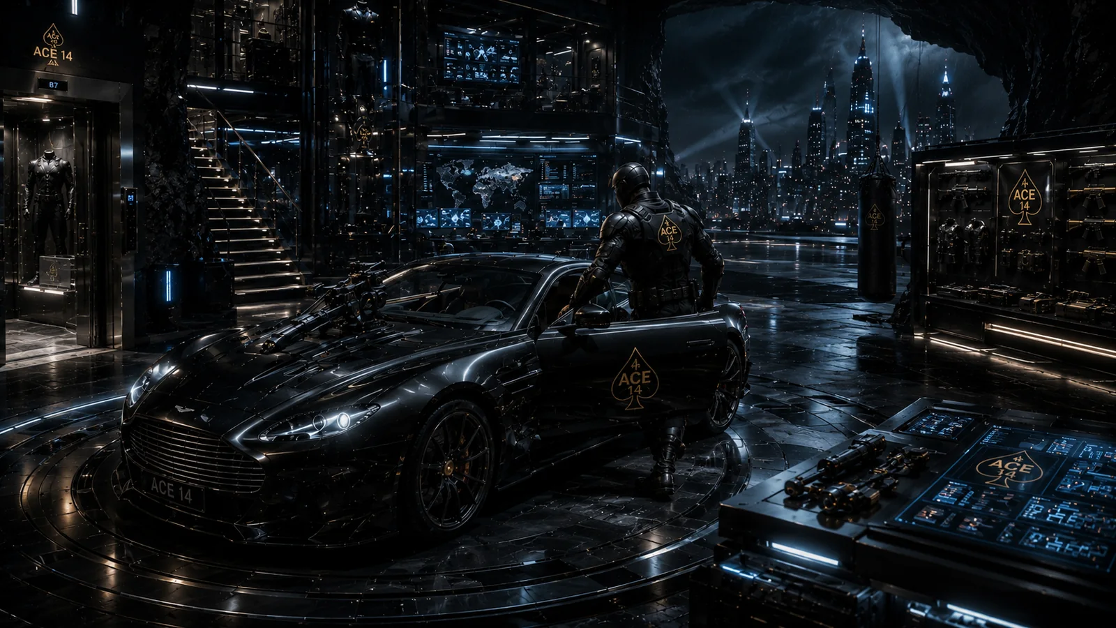 A futuristic black Ace14 vehicle inside a bright high-tech headquarters